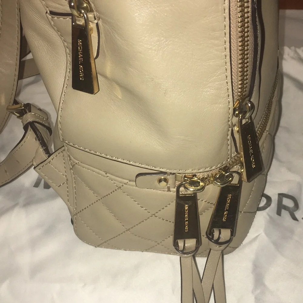 Michael Kors Rhea Backpack Beige Leather Gold Hardware Designer Bag